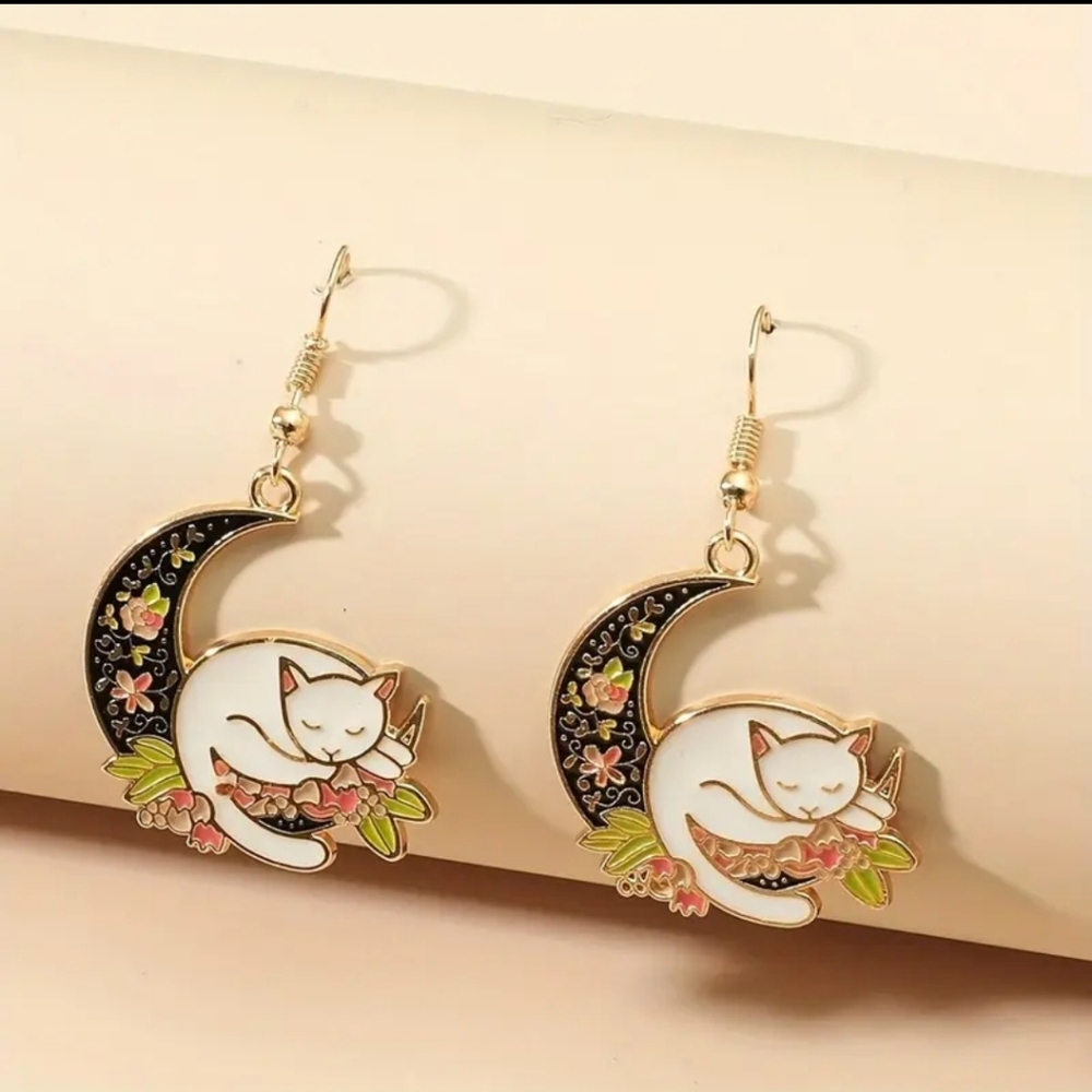 Charming Cat and Moon Earrings in Gold and Black
